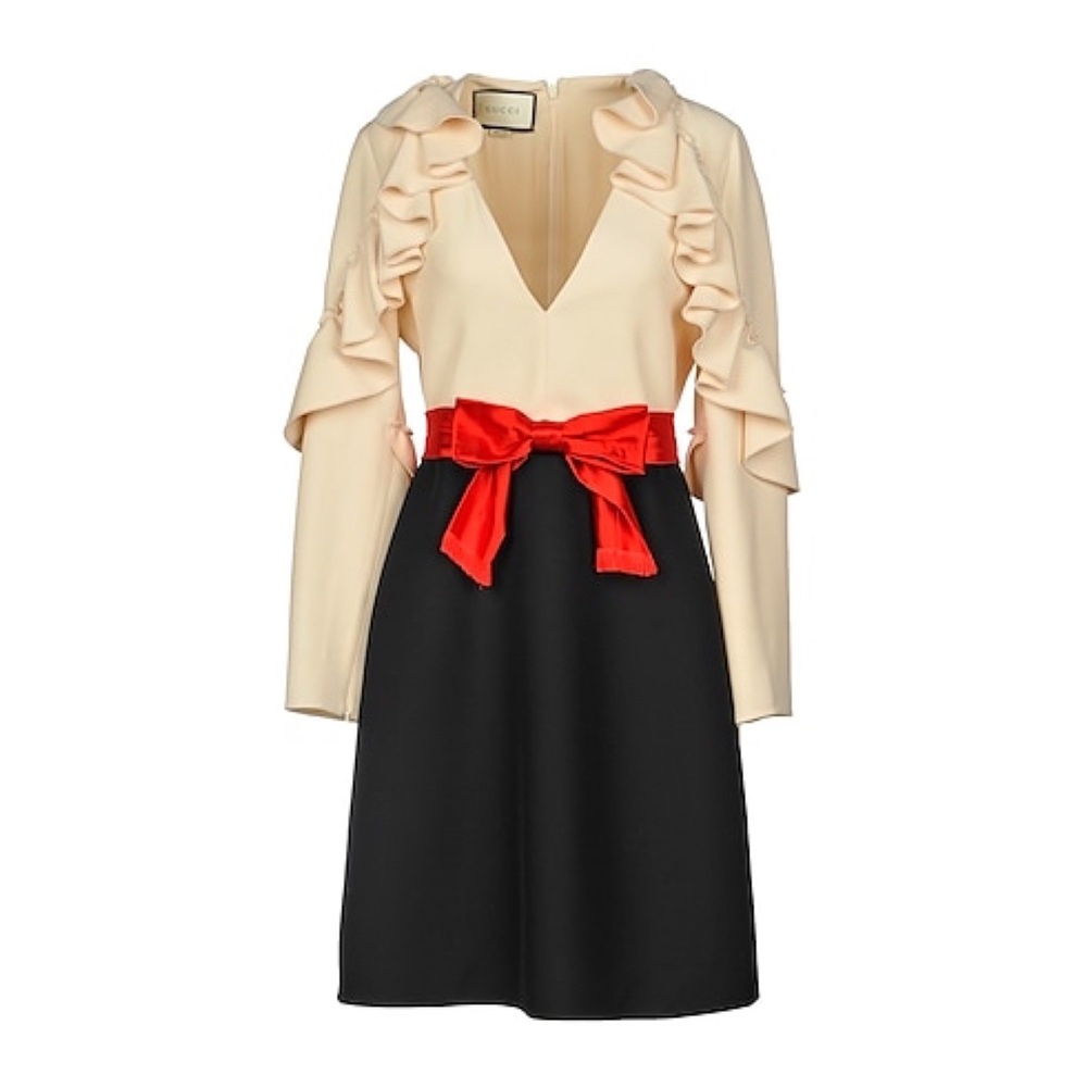 Gucci Silk Wool Cream Dress with Red Bow Accent and Ruffle Detail
